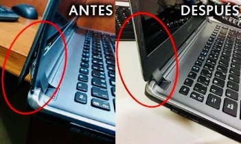 Antes y después de reparación de bisagra de laptop