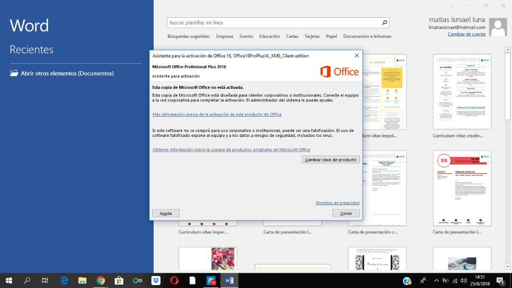 Error de activación de Office 2016 / 2019